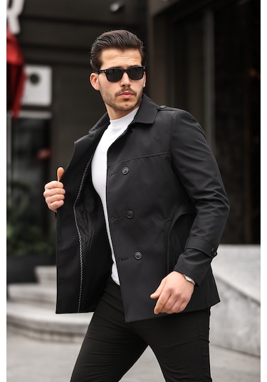 Mero Life Erkek Siyah Mevsimlik Astarlı Kemerli Kruvaze Trençkot Siyah