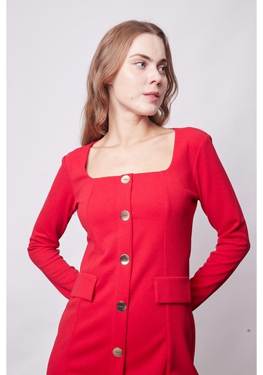 Kadın Likralı Krep Kumaş Kare Yaka Uzun Kol Önü Düğmeli Ofis Ceket Elbise-kırmızı Kırmızı
