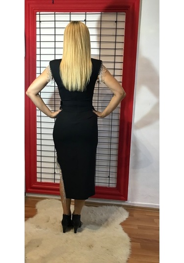 Kadın Elbise Siyah Omuz Ve Etek Taşlı Yırtmaçlı Siyah