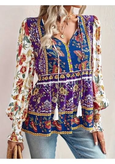 Nnstartshopping Kadın Uzun Kollu Yakası Açık Bağcıklı Çiçek Desenli Salaş Bluz Desenli