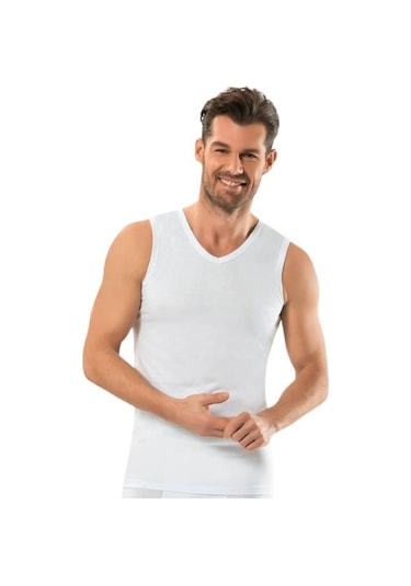 6 Adet Jiber 123 Sıfır Kol V Yaka Erkek Atlet Beyaz