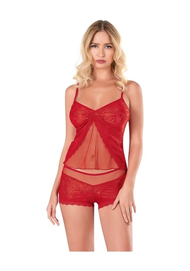Kırmızı Jakarlı Babydoll Şort Takımı Kırmızı