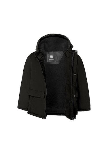 Erkek Çocuk Siyah I Çi Kürklü Su Ve Rüzgar Geçirmez Kapüşonlu 3 Cep Kışlık Mont Siyah
