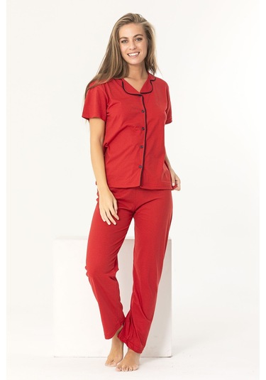 Kırmızı Renk Biyeli Pamuklu Kısa Kol Pijama Takımı Kırmızı
