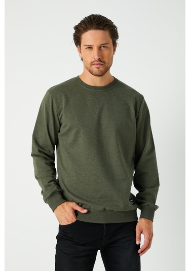 Erkek Basic Bisiklet Yaka Haki Sweatshirt