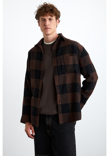 Wıldy  Erkek Pamuk-polyester Gömlek Yaka Relaxed Oduncu Kahverengi Gömlek