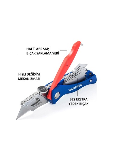 Workpro Wp211006 Ağır Hizmet Paslanmaz Çelik Gövde Katlanır Rötuş Maket Bıçağı + 6 Adet Yedek Bıçak Fr Wp211006