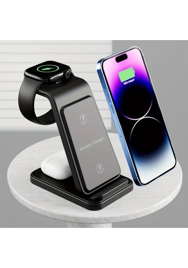 Elmpaly Black 3ü 1 Arada Hızlı Kablosuz Şarj İstasyonu İphone Uyumlu 16/15/14/13/12 İwatch 10/9/8 Airpods 1/2/3/pro