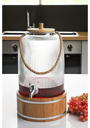 Qerhome Bambu Kapaklı Halatlı Musluklu Çizgili Cam Sebil Lohusa Şerbetlik Büyük Boy 6 Litre Zbo-15