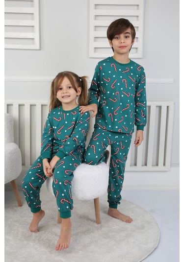 Zuzunga Yılbaşı Temalı Baston Şeker Desenli %100 Pamuk Unisex Pijama Takımı Yeşil1 Yeşil