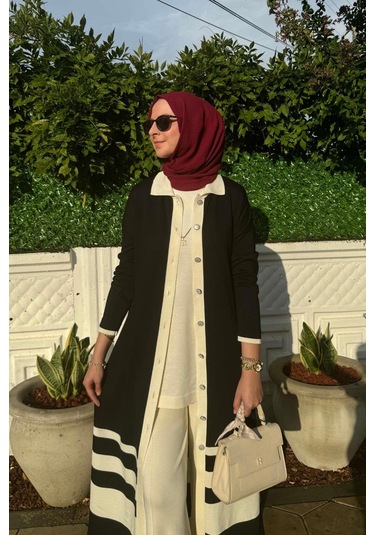 İmge Çizgili Triko Hırka Siyah Çok Renkli