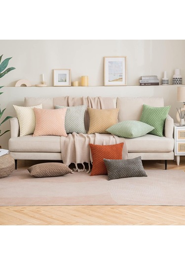 Moveevo Ev Dekorasyonu Yumuşak Plüsh Yastık Kılıfı 2 Adet, 18x18 İnç, Bej, Çekmeceli Desen, İç Dolgu Yok Diğer