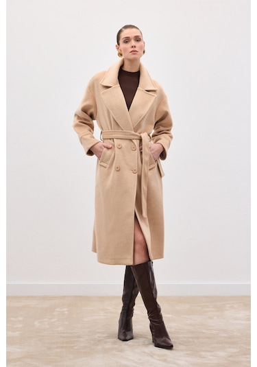 Sateen Beli Bağlamalı Uzun Kaban - Bej-136630 Bej