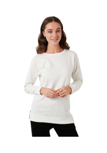 Lela Pamuklu Regular Fit Bisiklet Yaka Basic Bayan Sweat 5863569 Ekru