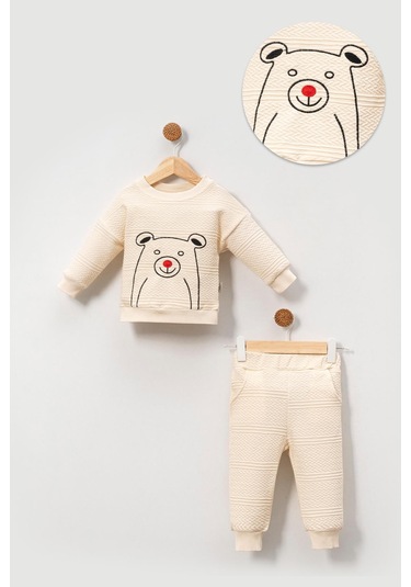 Pamuklu Relaxed Animal Detaylı Yumuşak Doku Erkek Bebek Takım Bej