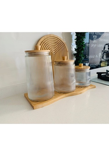 Qerhome Bambu Kapaklı Vakumlu 3'lü Çizgili Kavanoz Seti 800/1300/1800 Ml ŞEffaf