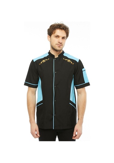 Uniprom Kısa Kollu Aşçı Ceketi Önlük Omuz Nakışlı Cepli Şef, Garson Siyah - Turkuaz