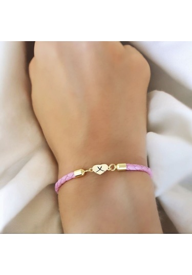 Archin Zülfikar Temalı Kalp Figürlü 14 Ayar Altın Plakalı Pembe Derili Hediye Bileklik-473sembol Zülfikar Sembolü