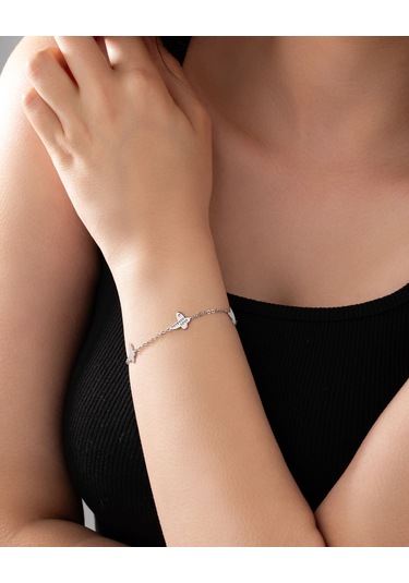 925 Ayar Rodyum Sıralı Üçlü Kelebek Gümüş Kadın Bileklik Gümüş - Rodyum