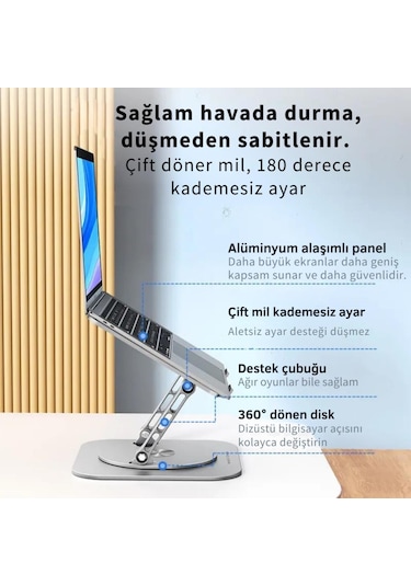 Polham 360 Derece Dönebilen Yükseklik, Açı Ayarlı Notebook, Tablet Standı, Kaydırmaz, Katlanabilir Stand