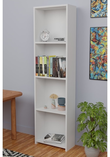 5 Raflı Kitaplık Arkalıklı Dar Raf Kütüphane 170 Cm Beyaz