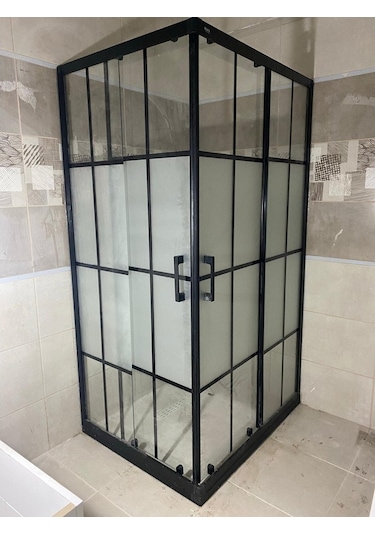 Blackline Köşe Siyah Çizgili Ortası Kumlu 5 Mm Temperli Duşakabin H:190 Siyah