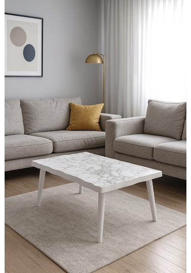 Modern Kavisli Orta Sehpa Mdf Üst Tabla Ahşap Ayaklı Desenli Beyaz Beyaz