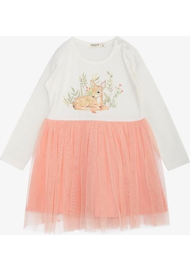 Breeze Kız Çocuk Uzun Kollu Elbise Çiçek Desenli Sevimli Ceylancık Baskılı 1.5-5 Yaş, Ekru-ekru Ekru