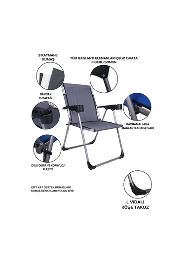 Alin Metal 3''lü Lüks Bardaklı Kamp Sandalyesi Ve Masa Set Gri Gri