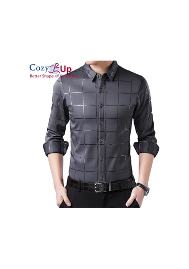 Rahat Up Erkekler Ekose Kavisli Hem Gömlek Casual İş Düğmesi Gömlek Uzun Kollu Damalı Erkek Gömlek Gri