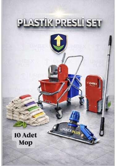 Umbex Çift Kovalı Krom Paspas Arabası Temizlik Arabası Islak Mop Seti 10 Adet Islak Mop