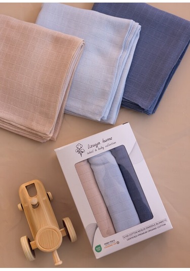 Çok Amaçlı Müslin Örtü & Battaniye 3'lü Set Pamuk Oeko-teks Sertifikalı 80x80 Cm Bebe Mavi