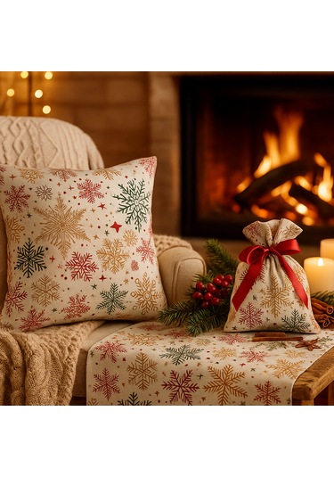 Yılbaşı Temalı Masa Runner + Kırlent Kılıfı + Hediye Kesesi Kombin Set Kar Tanesi Desenli Beyaz - Bej
