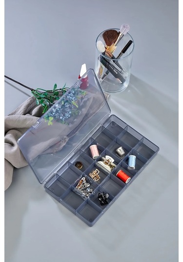 Bayev 5 Adet Füme 18 Bölmeli Avantajlı Takı Aksesuar Saklama Kutusu Gri