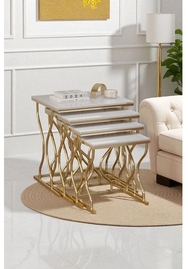 Arden Elite 4'lü Kare Zigon Sehpa Seti Gold Ayak, Krem Mdf Beyaz