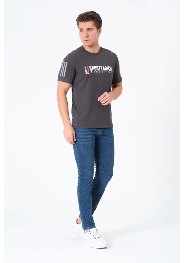 Erkek Bisiklet Yaka Basic Baskılı T-şhirt Gri