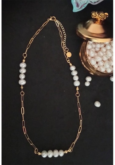 24k Altın Kaplama Gerçek İnci Kare Zincir Detaylı Kolye Sevgili A Çok Renkli