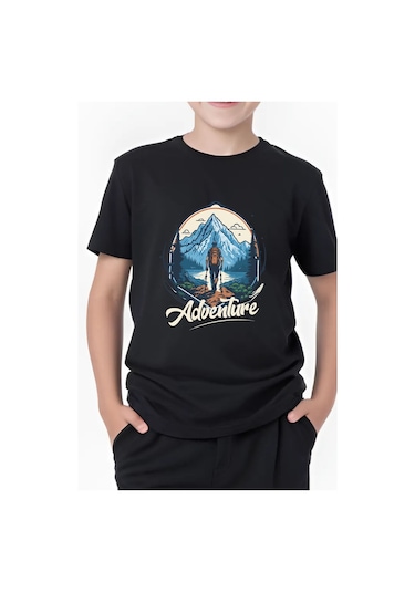 Adventure Baskılı Erkek Çocuk Yuvarlak Yaka Kısa Kollu T-shirt Siyah