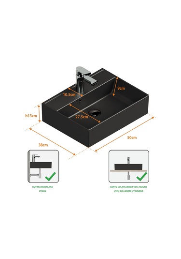 Aqua Bagno Plan Tezgah Üstü Kare Çanak Lavabo 50 x 38 CM Mat Siyah Beyaz