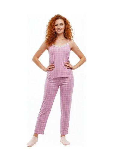 Altı Uzun Üstü Askılı Yumuşak Ekoseli Pijama Takımı Pembe Pembe