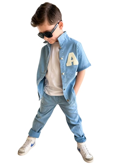 Erkek Çocuk A Nakışlı Gömlek Tişört Pantolon Üçlü Kot Takım