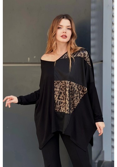 Leopar Desenli Suni Deri Detaylı Bluz Siyah