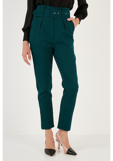 Lela Yüksek Bel Cepli Kemerli Regular Fit Kumaş Bayan Pantolon 611Pl04 Zümrüt