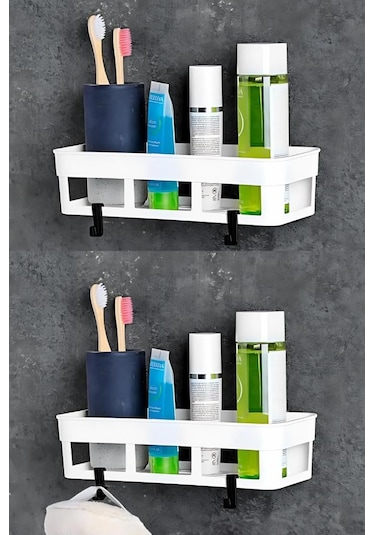 2 Adet Yapışkanlı Plastik Raf, Delme Vida Gerektirmeyen Banyo Duş Şampuan Mutfak Baharat Rafı Beyaz Beyaz