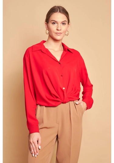 Yakalı Önü Pileli Uzun Kol Likrasız Şık Kumaş Gömlek-kırmızı Kırmızı
