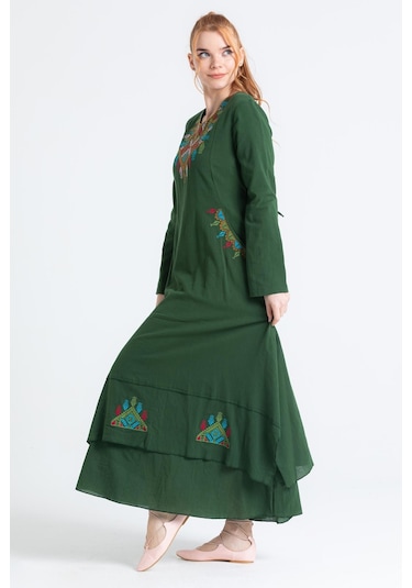 Uzun Kol Şile Bezi Nakışlı Antik Uzun Elbise Yeşil