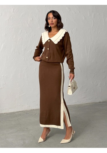 Kadın Bebe Yaka Triko Takım Kahverengi