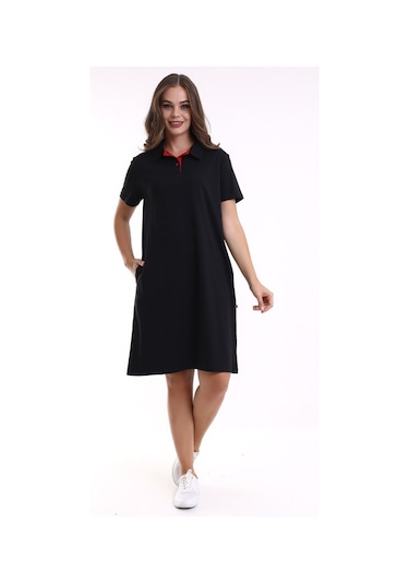 Kadın Yakalı İki Cepli Krep Elbise Siyah Sckwm23el02 Siyah