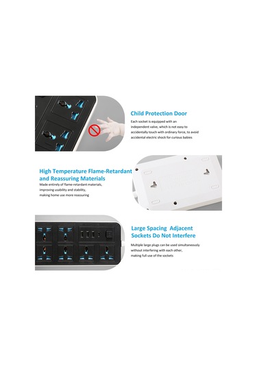 Yuntech01 6 Açık + 3 Usb + 1 Type-c Portlu Çok Fonksiyonlu Priz, Bağımsız Anahtar, 2m Kablolu, 220-240v Avrupa Standartı, Siyah Beyaz