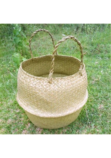 Lebihmurah 4488 Sepet Rattan Katlanır Hasır Saplı Yuvarlak Doğal Deniz Çimi Bitki Depolama Ahşap Podazz